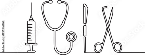 Continuous line, medical instruments, syringe, stethoscope, scalpel, surgical scissors Vector art lines. one line Icon drawing