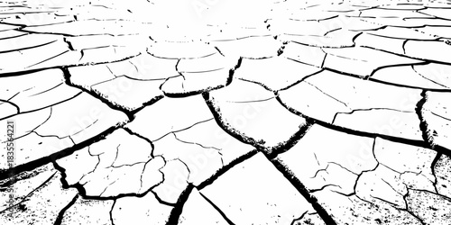 High-contrast cracked dry earth texture with bold black fractures on a white surface. Minimalist abstract background ideal for environmental themes, climate change concepts, and graphic design use.