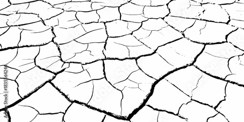 High-contrast cracked dry earth texture with bold black fractures on a white surface. Minimalist abstract background ideal for environmental themes, climate change concepts, and graphic design use.