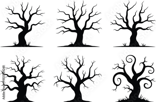 Silhouette of bare trees in various shapes and sizes