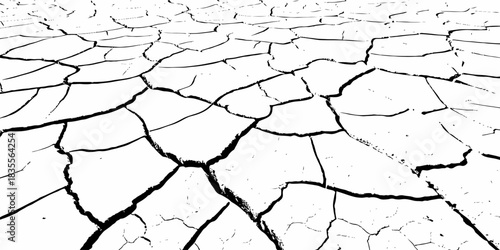High-contrast cracked dry earth texture with bold black fractures on a white surface. Minimalist abstract background ideal for environmental themes, climate change concepts, and graphic design use.