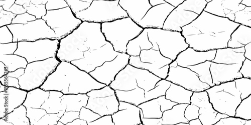 High-contrast cracked dry earth texture with bold black fractures on a white surface. Minimalist abstract background ideal for environmental themes, climate change concepts, and graphic design use.