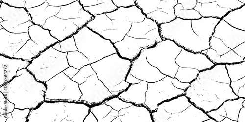 High-contrast cracked dry earth texture with bold black fractures on a white surface. Minimalist abstract background ideal for environmental themes, climate change concepts, and graphic design use.