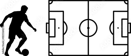 Dynamic soccer player silhouette kicking ball next to detailed football field diagram silhouette