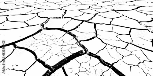High-contrast cracked dry earth texture with bold black fractures on a white surface. Minimalist abstract background ideal for environmental themes, climate change concepts, and graphic design use.