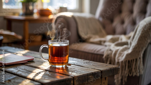 A mug of hot tea warms a sleepy afternoon