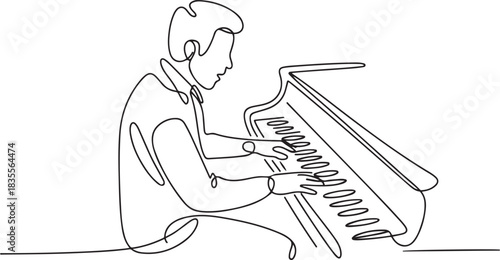 A continuous line drawing of a man enthusiastically playing the piano, immersing himself in the melody. His hands glide smoothly over the keys. one line Icon drawing