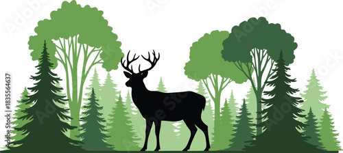 Majestic silhouette of a deer standing proudly in a lush forest full of tall evergreen and deciduous trees isolated on white background