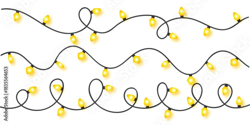 Three strings of yellow christmas lights on black cords against a white background in a flat lay style vector