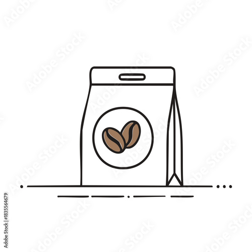 Line art icon of a sealed coffee bag with a roasted coffee bean logo