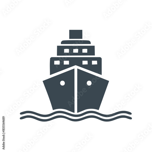 Flat design icon of a large cruise ship sailing on water with waves representing ocean travel