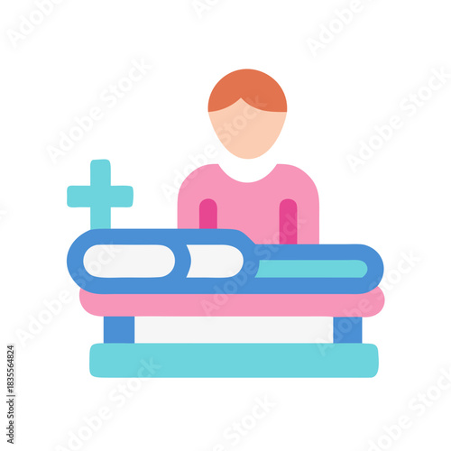 Stylized person attending a loved one in a hospital bed flat illustration