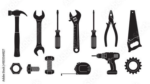 Black Tools and Hardware on White Background