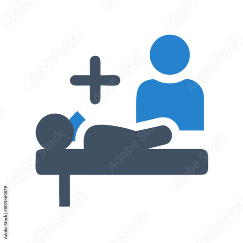 Flat graphic illustration of patient, caregiver and plus symbol on black background