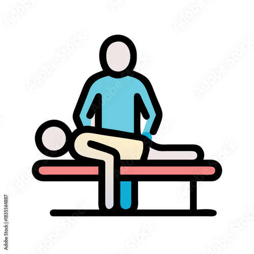 Flat illustration of physical therapy session depicting therapist and lying patient