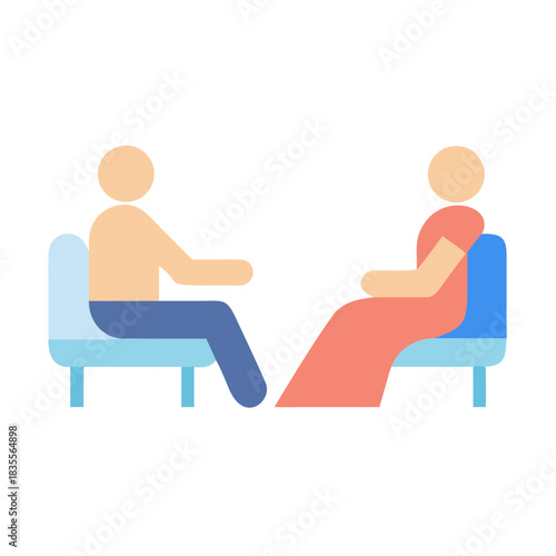 Flat design illustration of a therapy session with two people in chairs