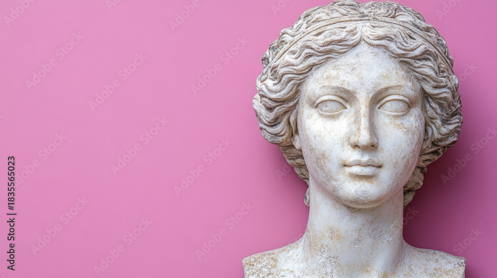 Fototapeta premium A close-up of a classical marble bust, likely Roman or Greek, featuring a woman's head and shoulders, set against a vibrant, contrasting bright pink background. Use for art, history, fashion