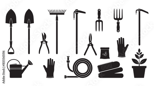 Gardening Tools Silhouettes on White Background