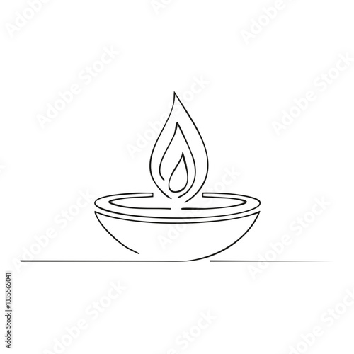 Elegant single line drawing of a lit oil lamp with a flame symbolizing light and warmth