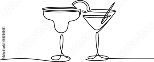 Glass of cocktails in continuous one line drawing. Margarita toast and martini cup in simple linear style. Alcohol drink menu in editable stroke. one line Icon drawing