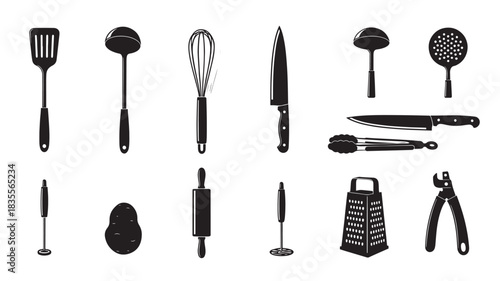 Kitchen Utensils Silhouette Set on White Background