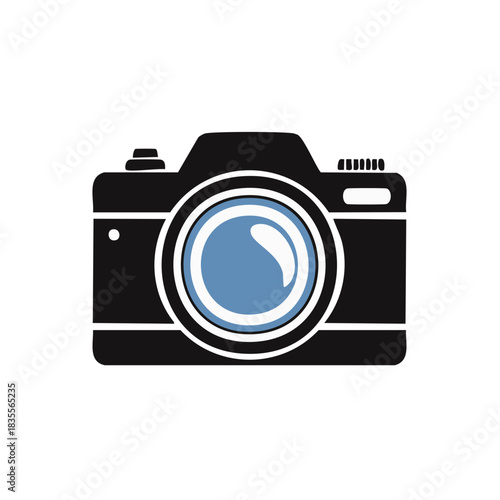 Simple digital photo camera icon with blue lens flat vector illustration