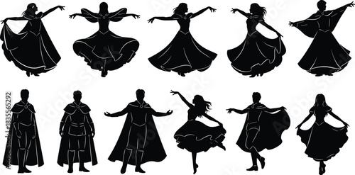 Set of fantasy prince and princess silhouettes in dramatic, dancing, and theatrical poses with flowing capes and gowns isolated on white