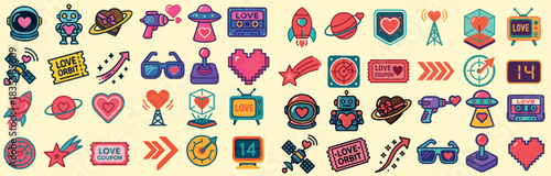 Pixel art colorful sticker sheet close up with retro space and love icons rockets hearts robots badges in pastel pink teal orange vibrant playful flat lighting,