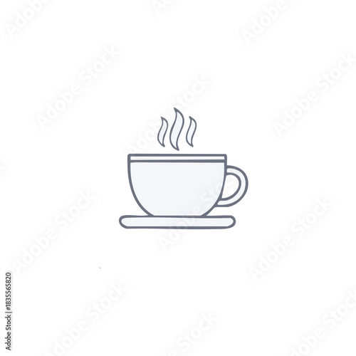 Minimalist line art illustration of a steaming hot coffee cup icon with saucer