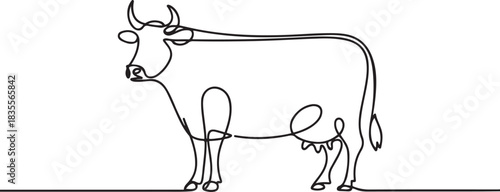 Continuous one line drawing of cow. Isolated on white background vector illustration. one line Icon drawing