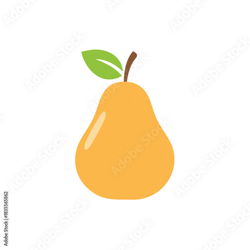 Simple stylized yellow pear fruit illustration with a green leaf and brown stem