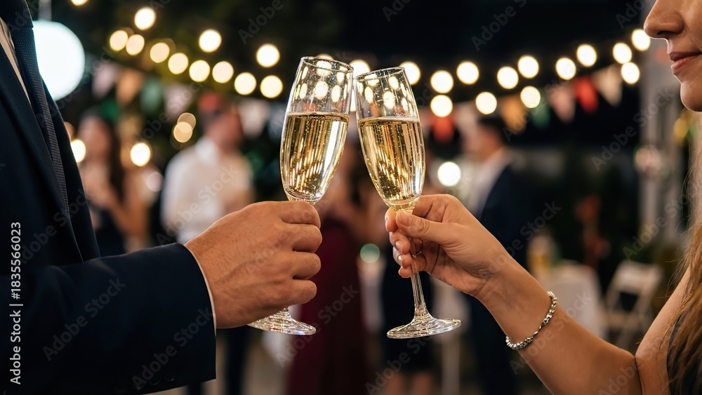 Naklejka premium Couple Toasting with Champagne Glasses at a Romantic Evening Celebration Outdoors.