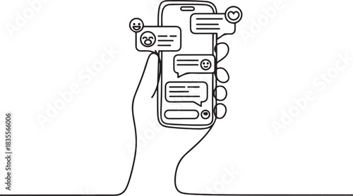 Hand holding phone with short messages, icons and emoticons. Chatting with friends and sending new messages. one line Icon drawing