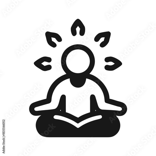 Minimalist icon of meditating person with sun rays around the head