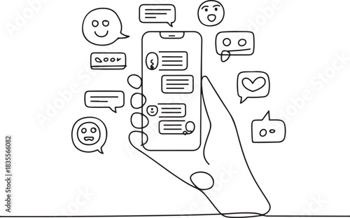 Hand holding phone with short messages, icons and emoticons. Chatting with friends and sending new messages. one line Icon drawing