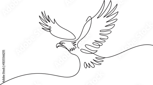 Bird of prey flying in continuous line art drawing style. Eagle in flight black linear design. one line Icon drawing