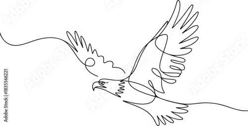 Bird of prey flying in continuous line art drawing style. Eagle in flight black linear design. one line Icon drawing