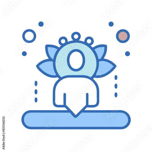 Stylized icon of a meditating figure with lotus and circular elements.