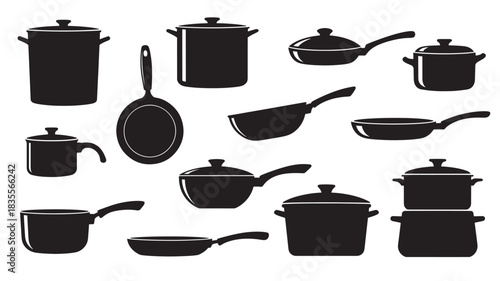Black Kitchen Pots and Pans on White Background
