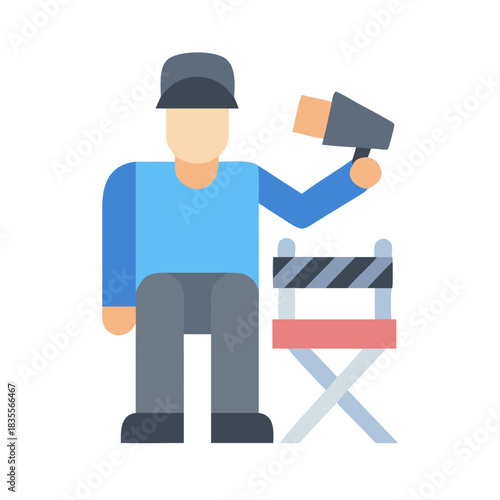 Flat design illustration of film director with megaphone on black background.