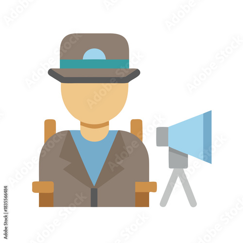 Cartoon director with camera and director chair flat illustration on black backdrop