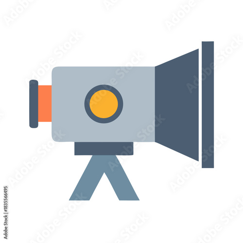 Flat vector illustration of a vintage movie camera on a tripod stand