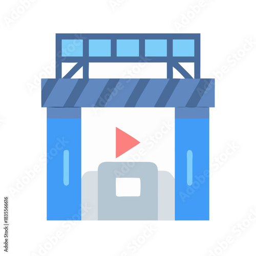 Flat design illustration of a video screen with play button, platform, and frame