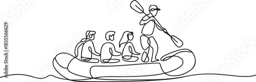 A group of people float on an inflatable raft on the water. The rafting instructor is responsible for safety, controls the route and gives instructions. one line Icon drawing