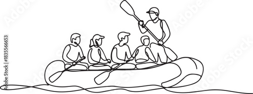 A group of people float on an inflatable raft on the water. The rafting instructor is responsible for safety, controls the route and gives instructions. one line Icon drawing