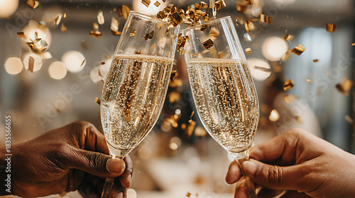 Two hands clinking champagne flutes filled with sparkling beverage, surrounded by festive confetti, celebrating a joyful occasion with a warm and inviting atmosphere