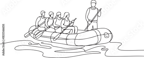 A group of people float on an inflatable raft on the water. The rafting instructor is responsible for safety, controls the route and gives instructions. one line Icon drawing