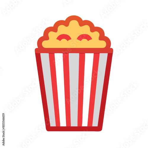 Cartoon popcorn in a red and white striped bucket against black