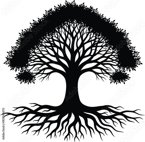 Abstract silhouette of a majestic tree with intricate branches and strong roots symbolizing life growth and nature's beauty isolated on white background