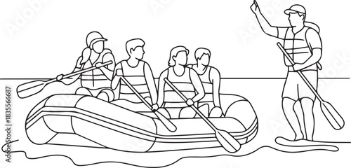 A group of people float on an inflatable raft on the water. The rafting instructor is responsible for safety, controls the route and gives instructions. one line Icon drawing